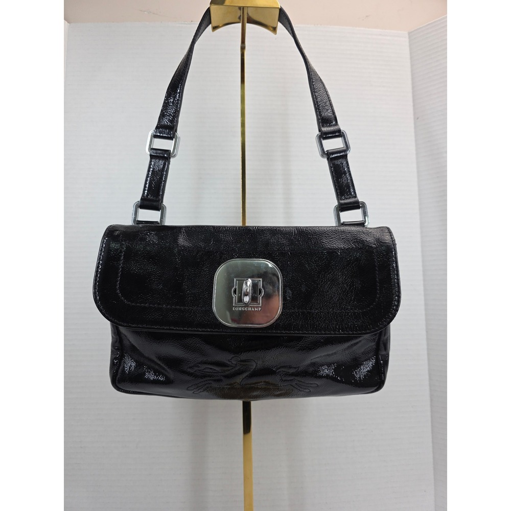 Longchamp Paris Black Patent Leather Shoulder Bag Leopard Print Made in France